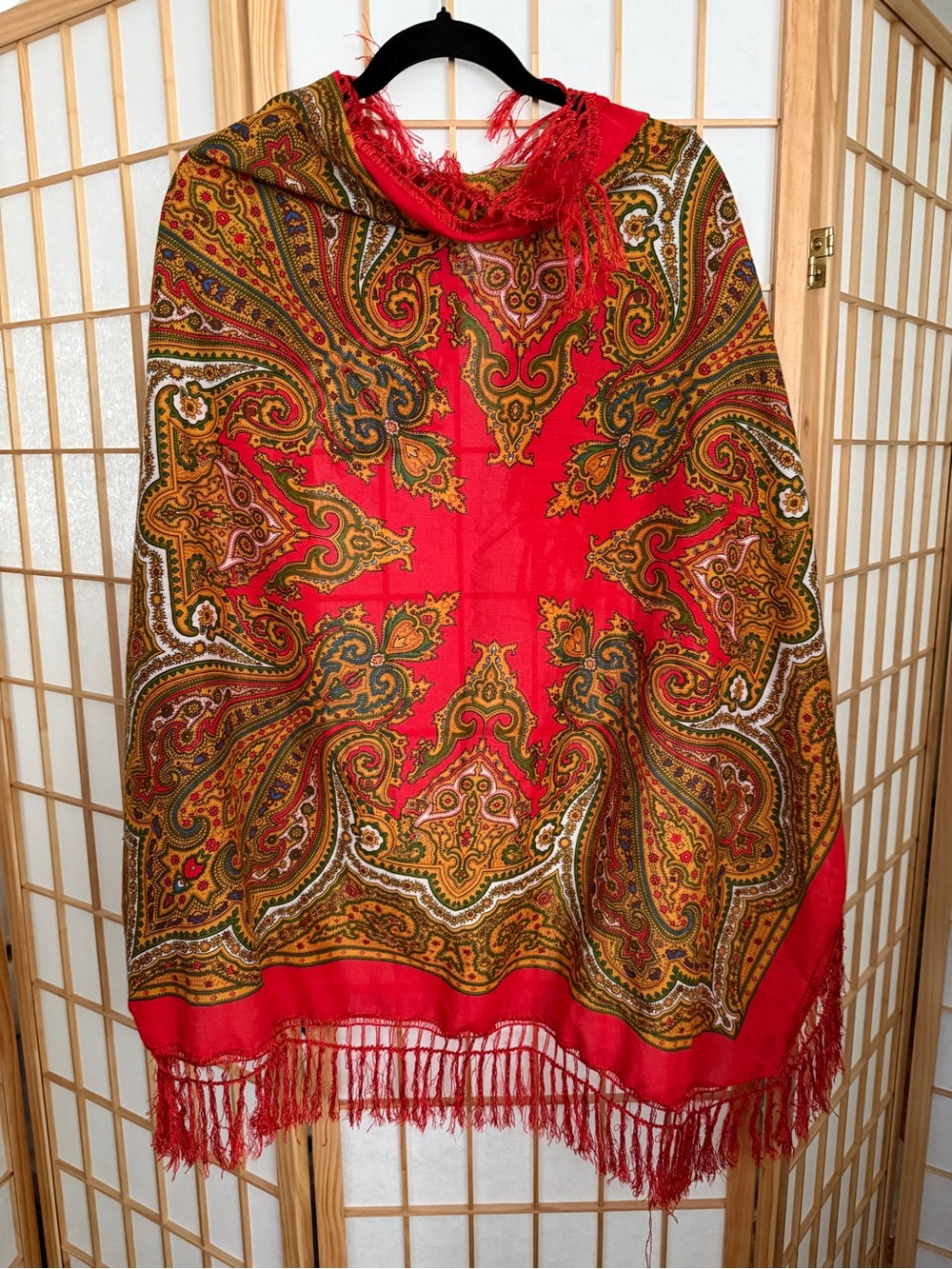 Large Square Eastern European Red Paisley Fringe Shawl Scarf